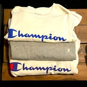 Champion short sleeves. 2 white, 1 gray. Size Large. 1 medium.